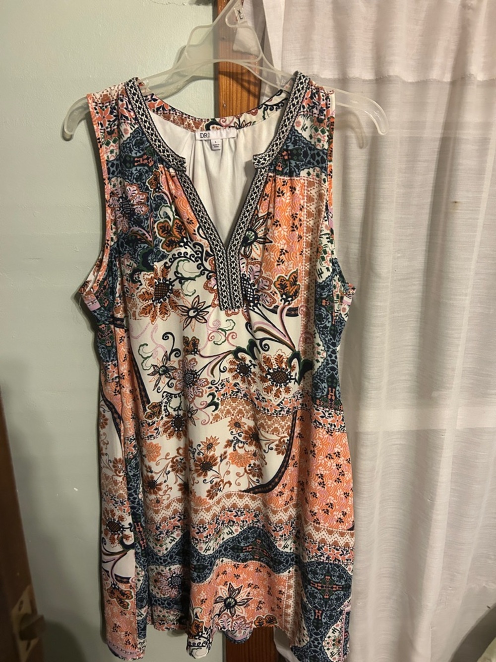 Sleeveless V-Neck Floral Patchwork Tunic Dress in Peach & Navy